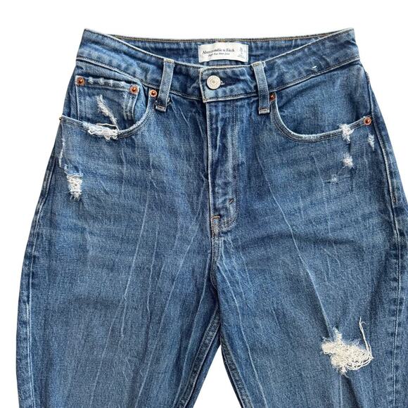 Abercrombie & Fitch A & F High Rise Mom Jeans Sz 26 2 Blue Distressed Curve Love - Picture 2 of 13